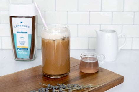 Cameron's Lavender Latte on counter with ingredients