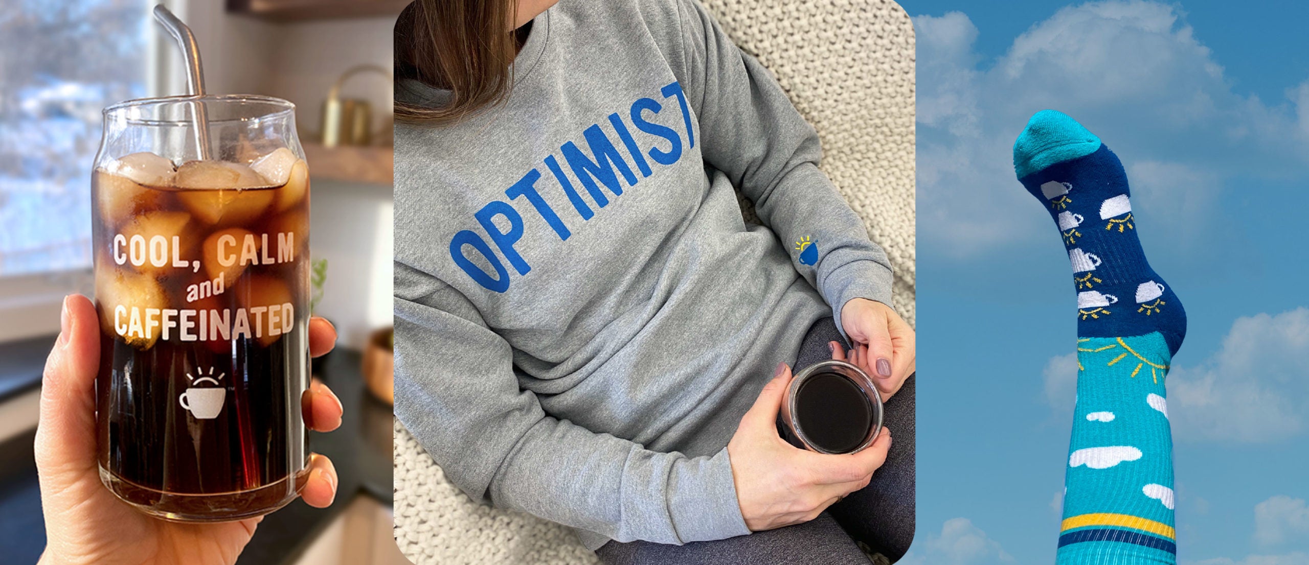 cameron's holiday merch of cold brew mug, optimist sweatshirt and sunny socks