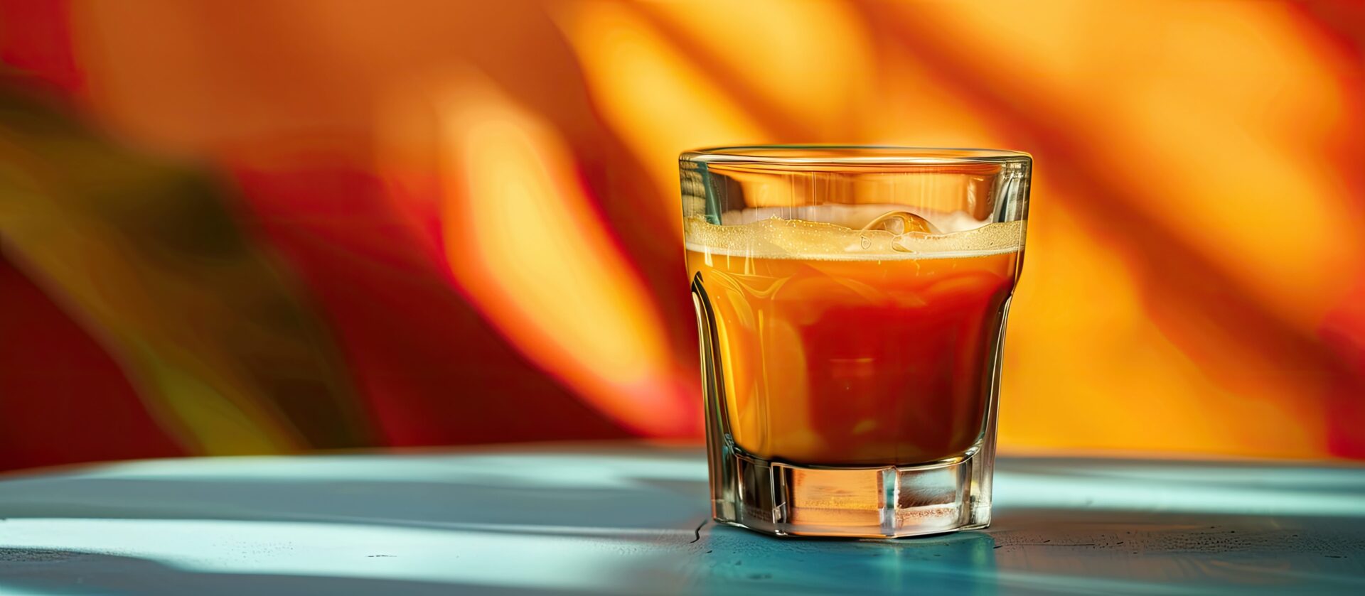 Orange espresso in a glass against a colorful backdrop
