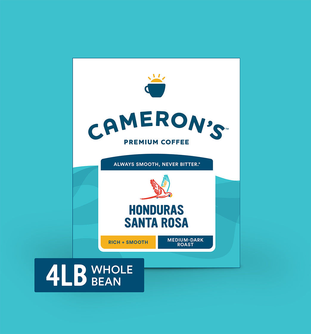 Cameron's Honduras Santa Rosa coffee package on a blue background