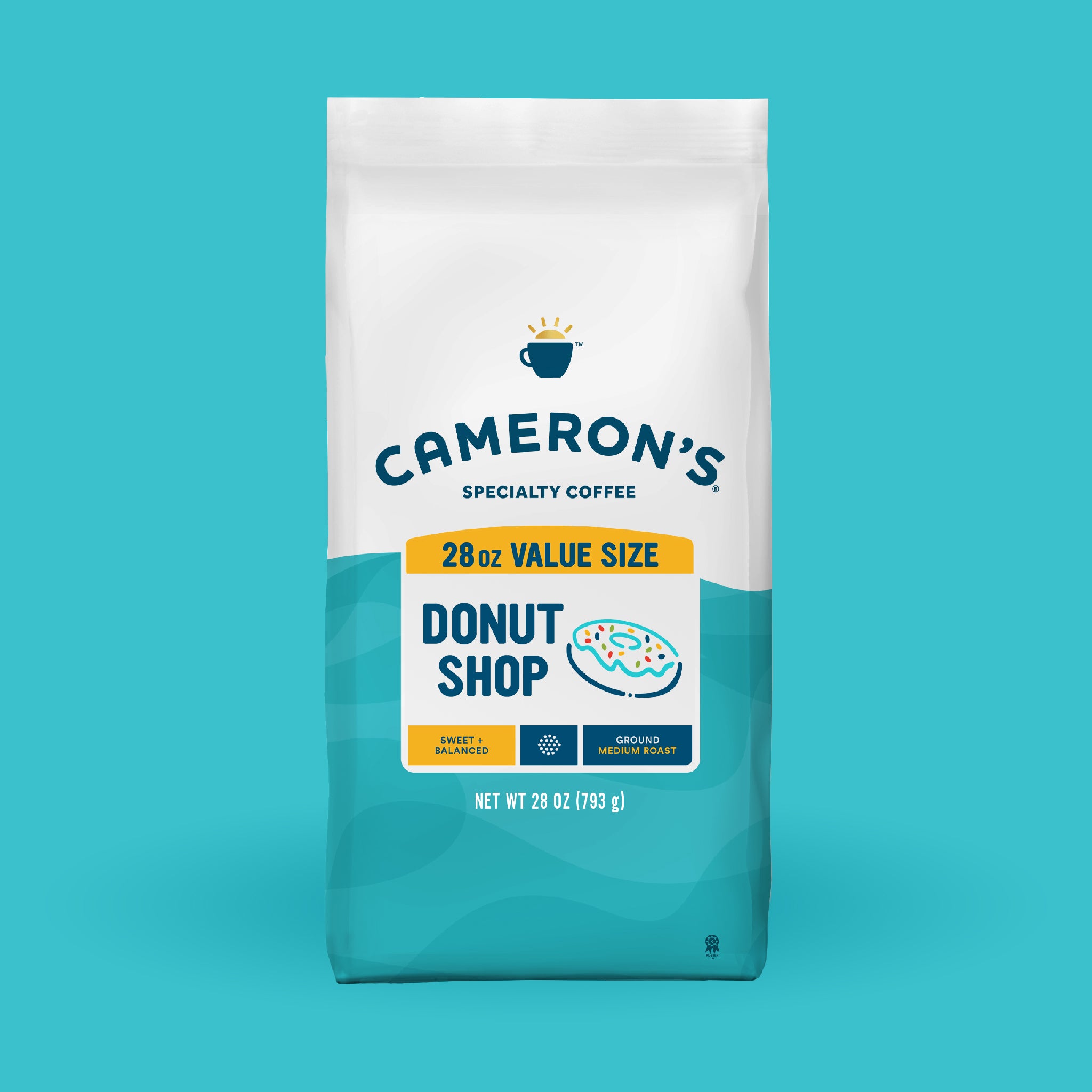 Cameron's Donut Shop medium roast coffee 28oz value size bag with sweet and balanced flavor.