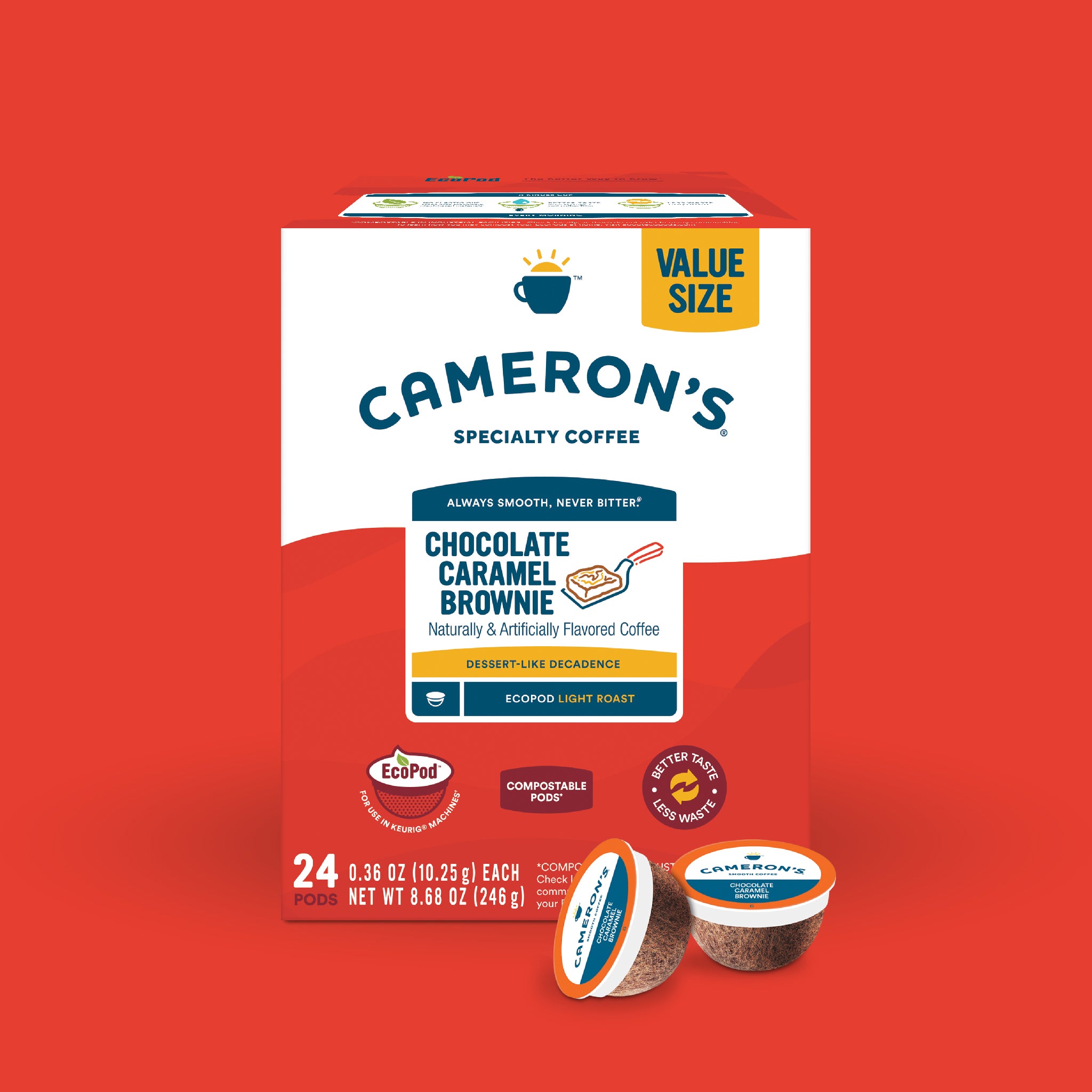 Chocolate Caramel Brownie EcoPods box with two coffee pods, rich chocolate and creamy caramel flavor in every cup.