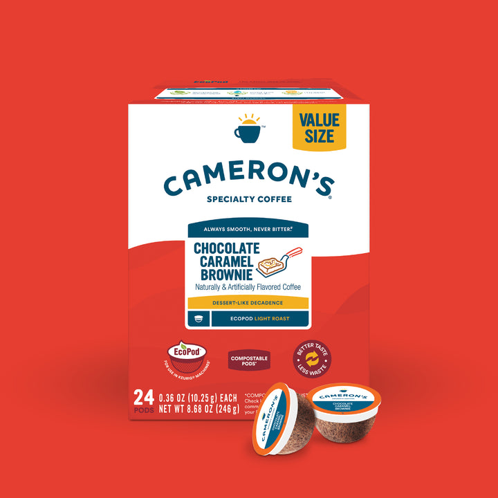 Chocolate Caramel Brownie EcoPods box with two coffee pods, rich chocolate and creamy caramel flavor in every cup.