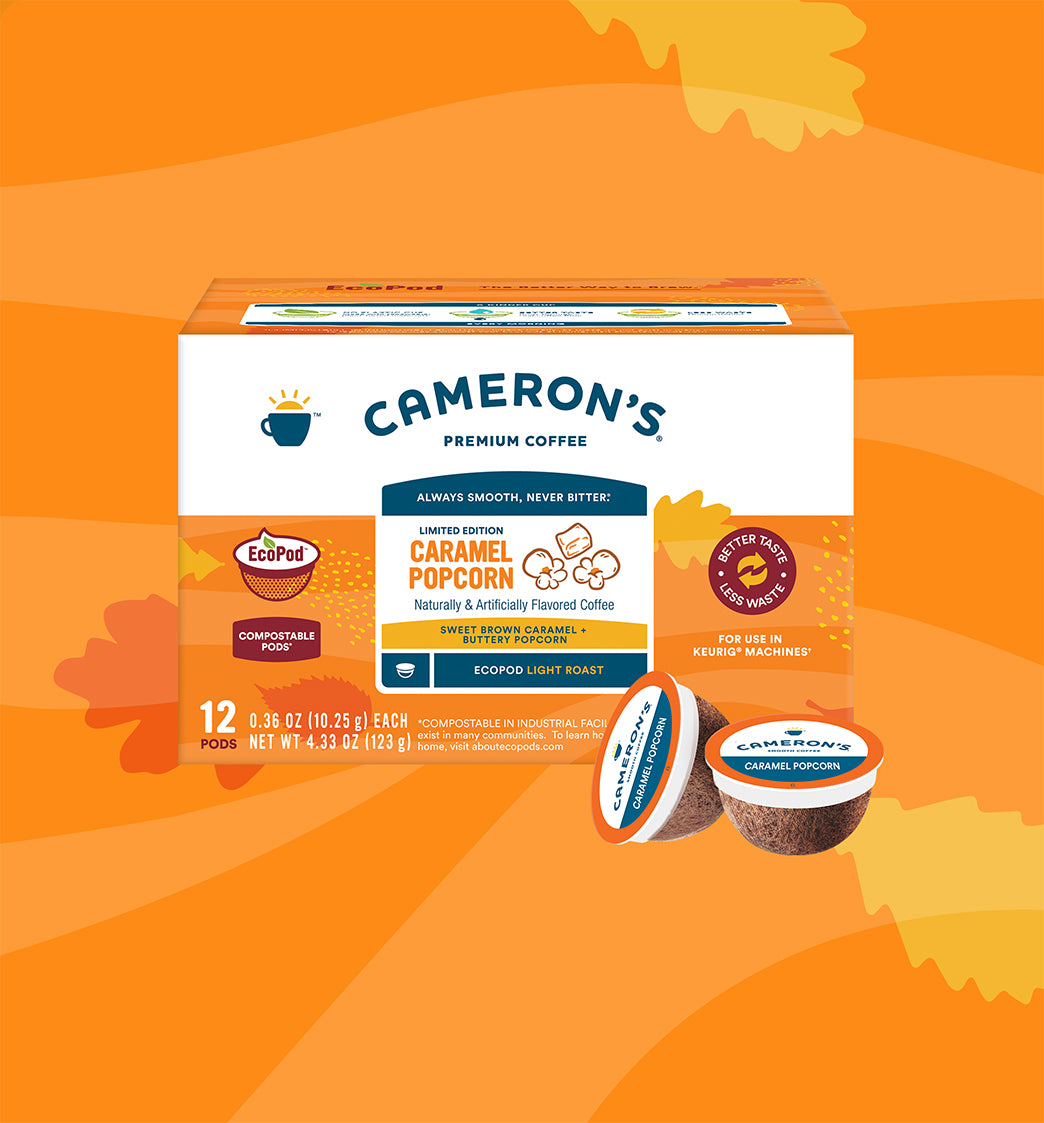Cameron's Caramel Popcorn coffee package on an orange background