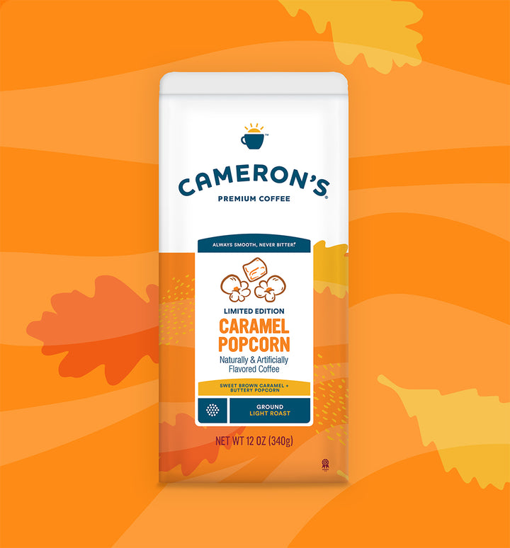 Cameron's Caramel Popcorn coffee package on an orange background