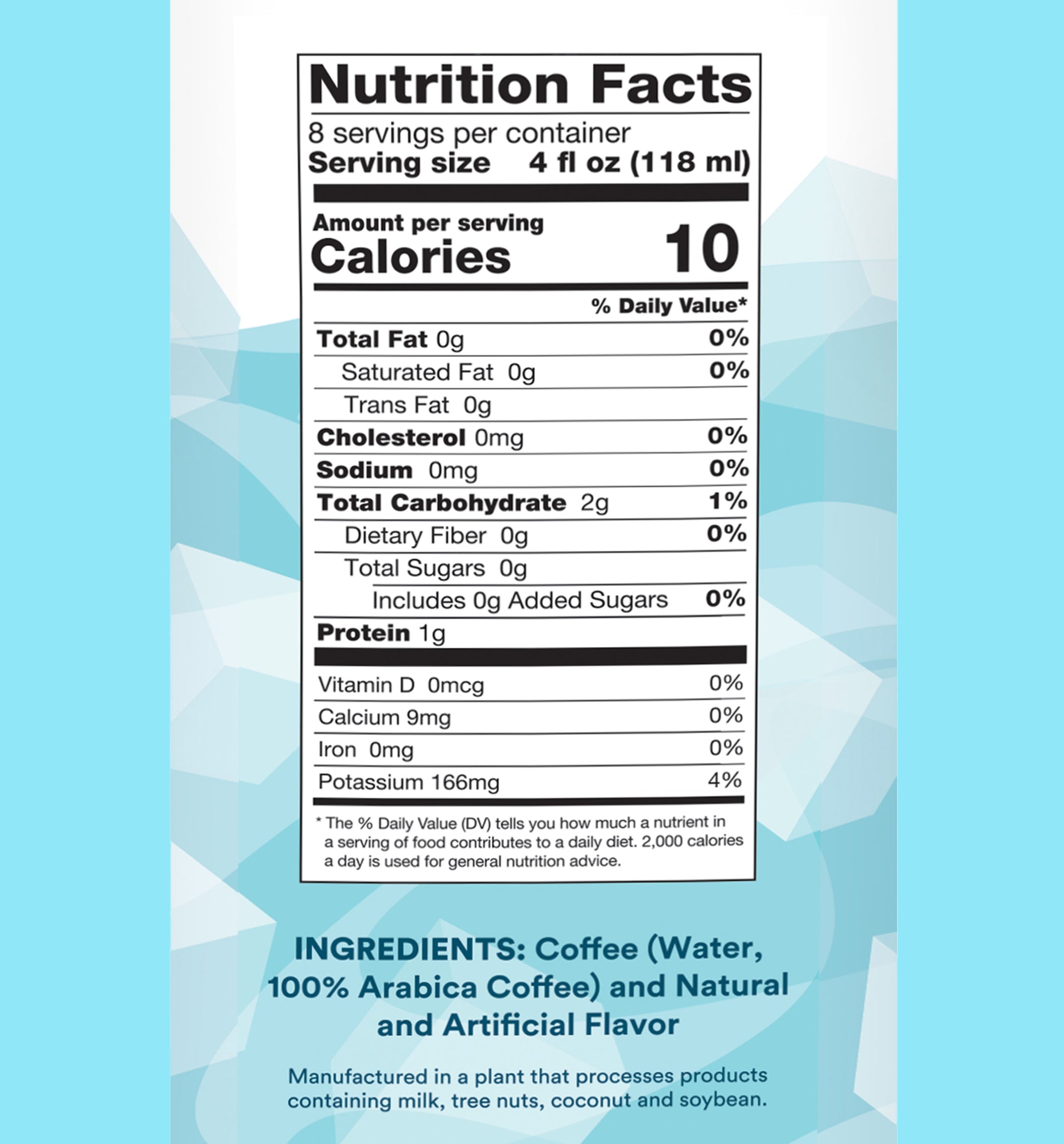 Nutrition Facts: 10 Calories, 1 %Carb, 4% Potassium