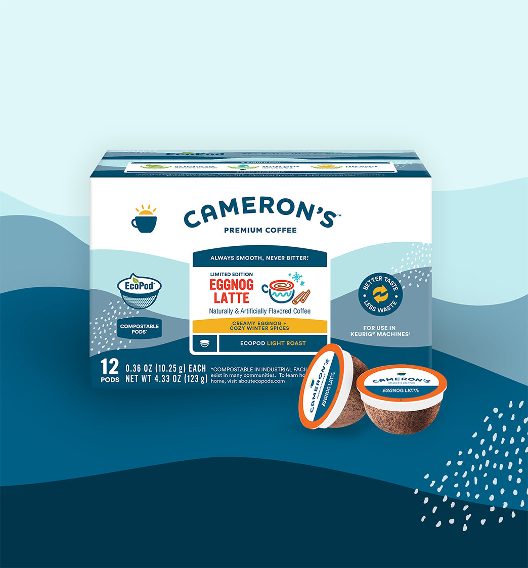 Cameron's coffee Eggnog Latte coffee pod package with labels on a blue background