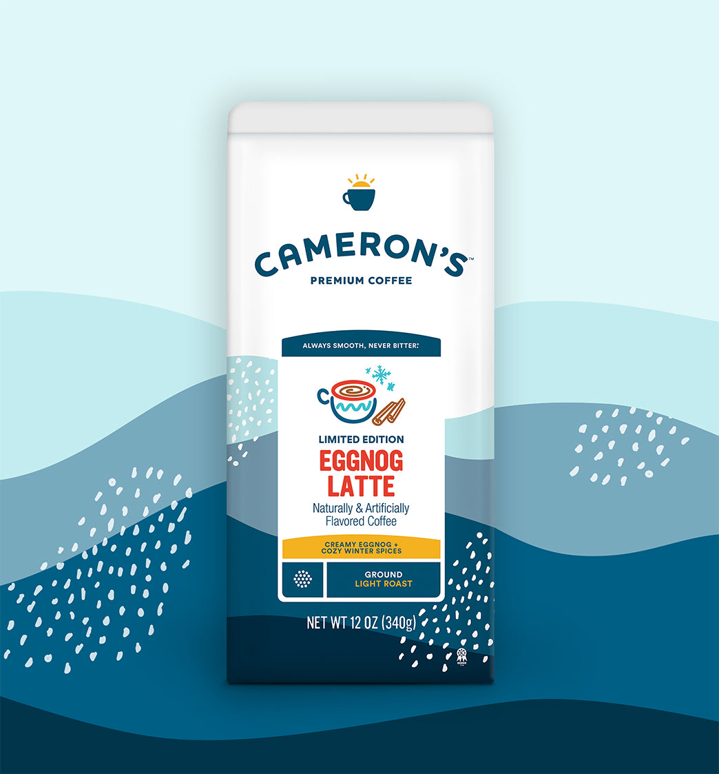 Cameron's Eggnog Latte coffee package on a blue and white background