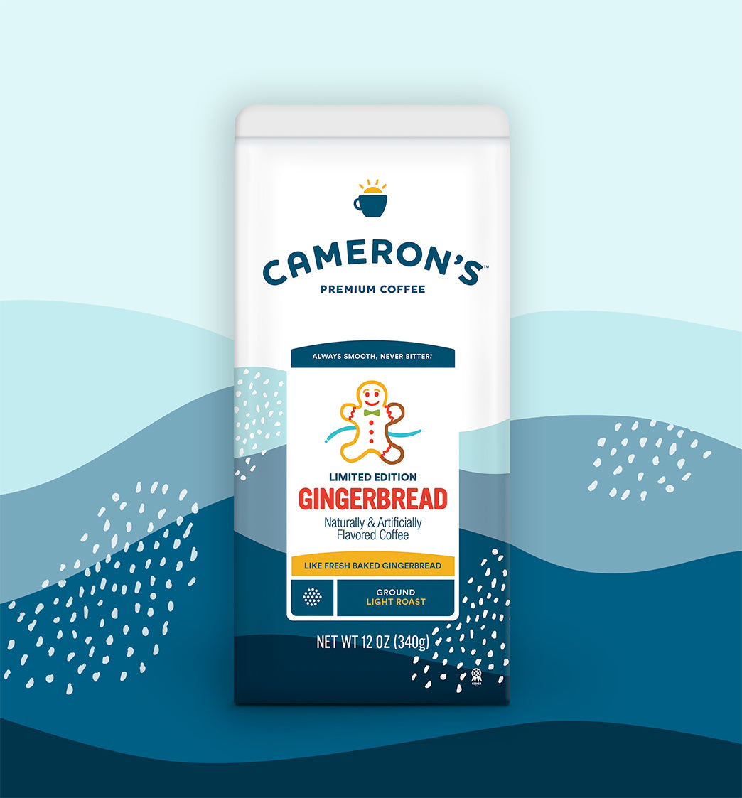 Cameron's Gingerbread coffee package on a blue and gray gradient background