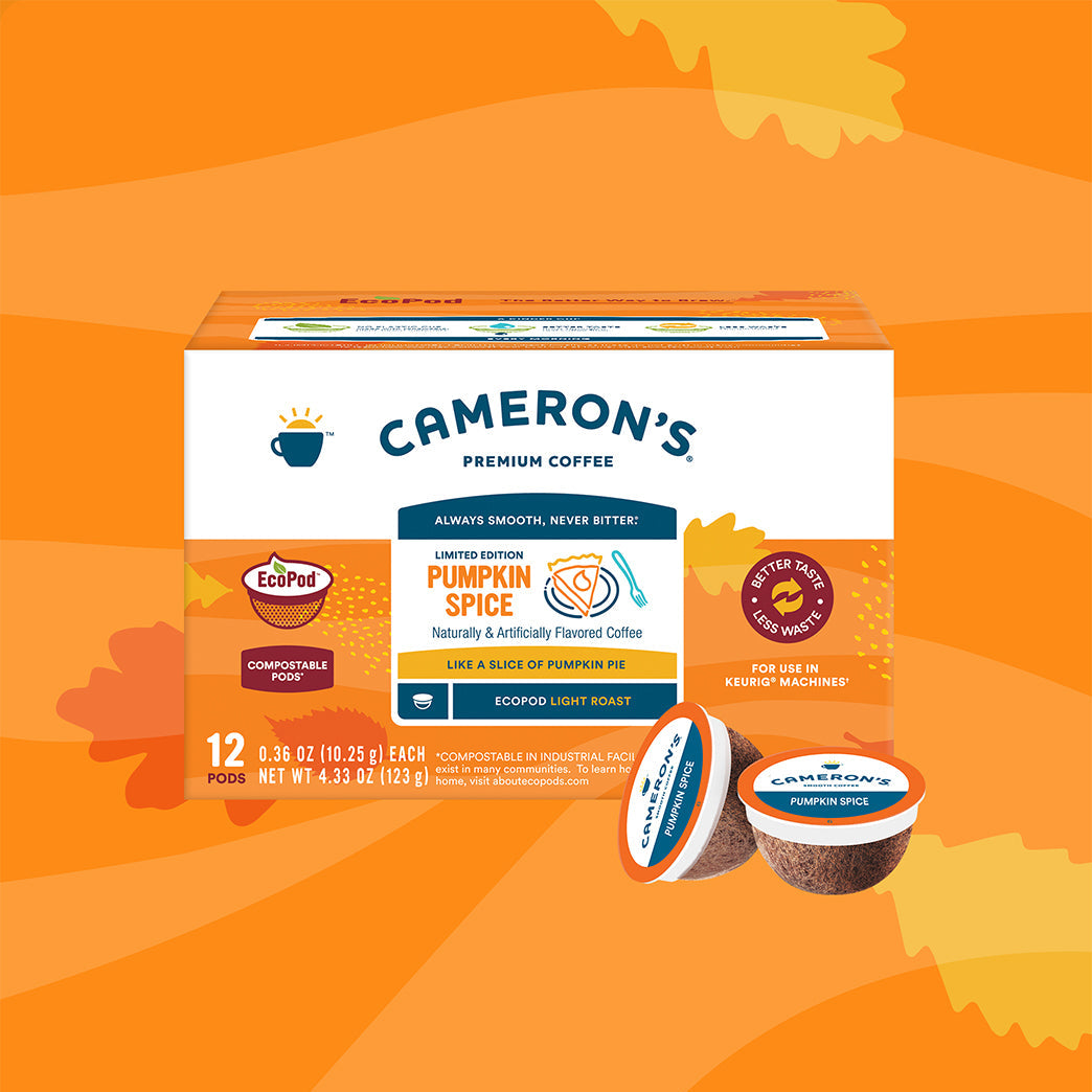 Cameron's Pumpkin Spice coffee pods on an orange background