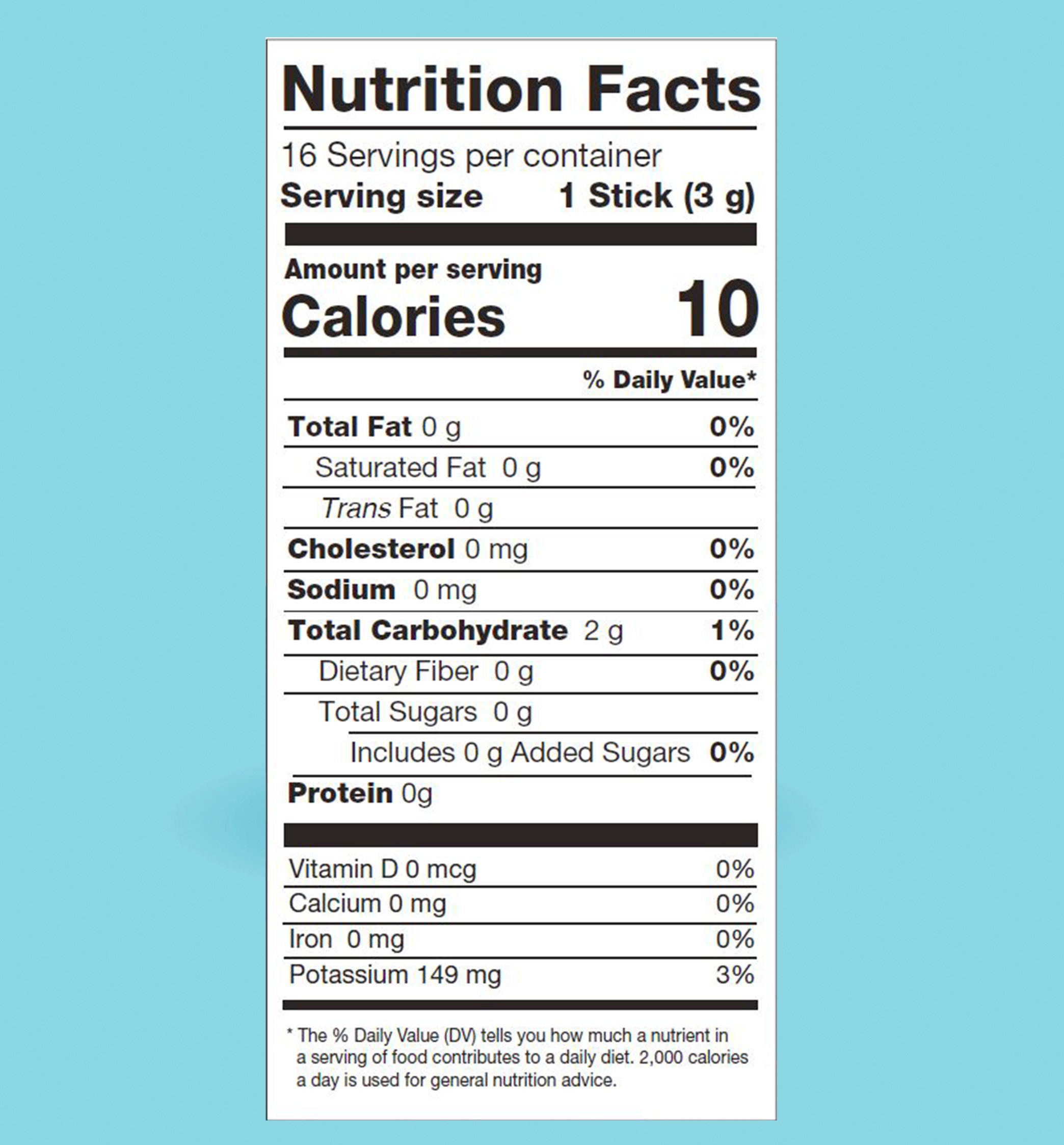Nutrition Facts: 10 Calories, 1 %Carb, 3% Potassium