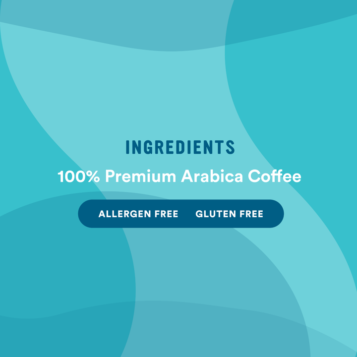 Jamaican Blend ingredients label showing 100% premium Arabica coffee, allergen free and gluten free.