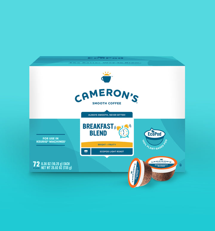 Breakfast Blend EcoPods by Cameron's featuring smooth, mild, bright, and fruity slow-roasted Central and South American coffee pods.