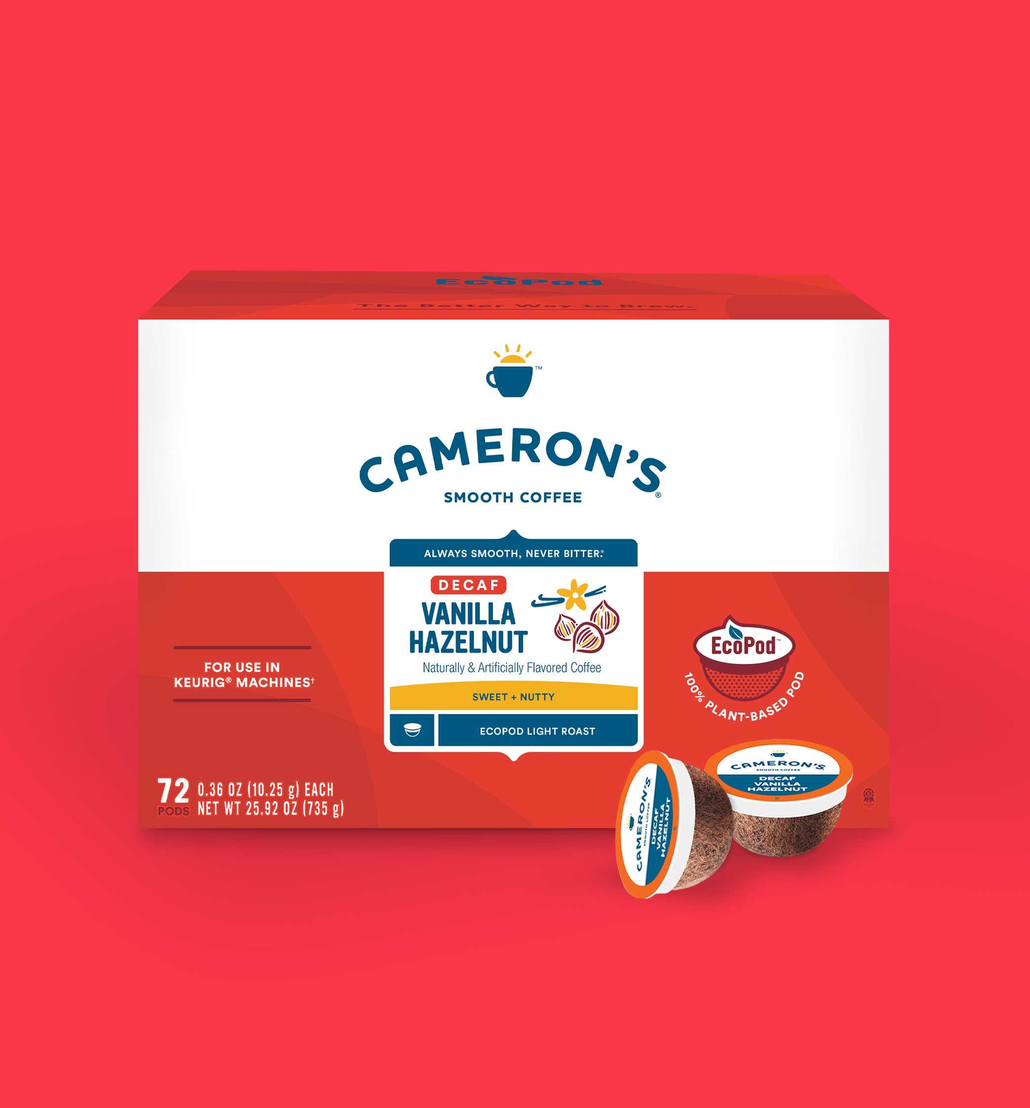 Decaf Vanilla Hazelnut EcoPods box with 72 pods featuring smooth coffee with vanilla and hazelnut flavors.