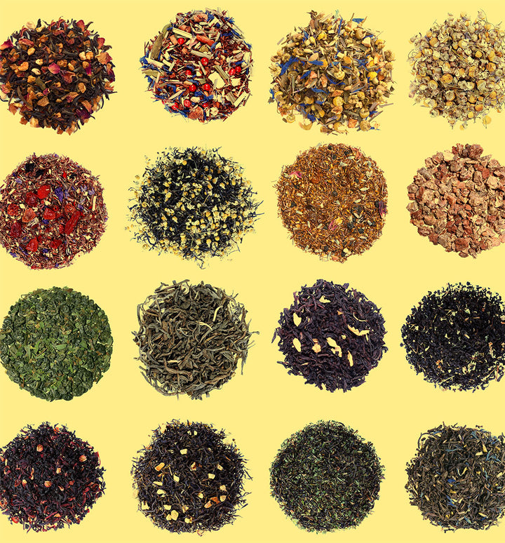 assorted loose tea on yellow