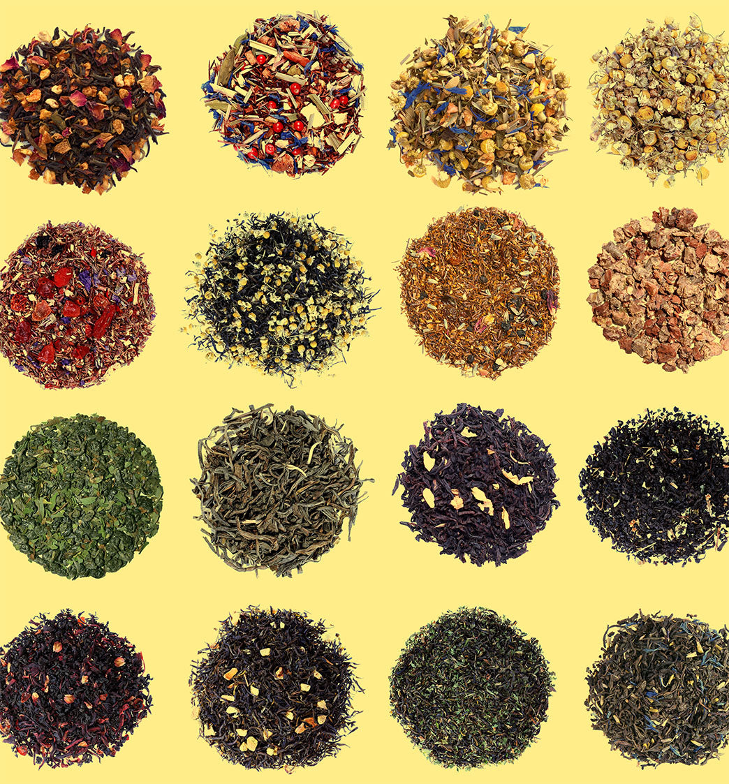 assorted loose tea on yellow