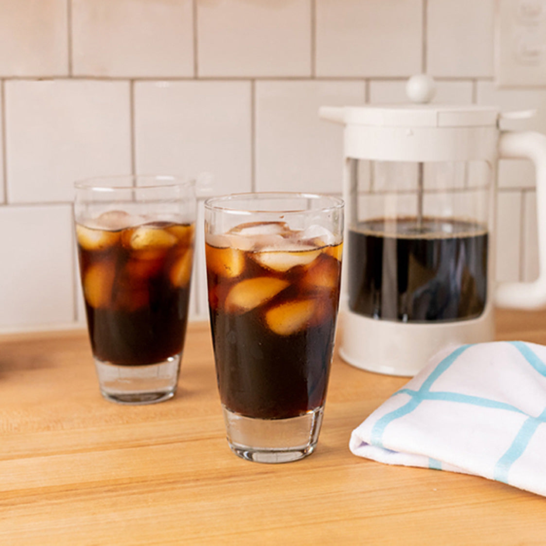 Cold brew coffee with ice in a kitchen