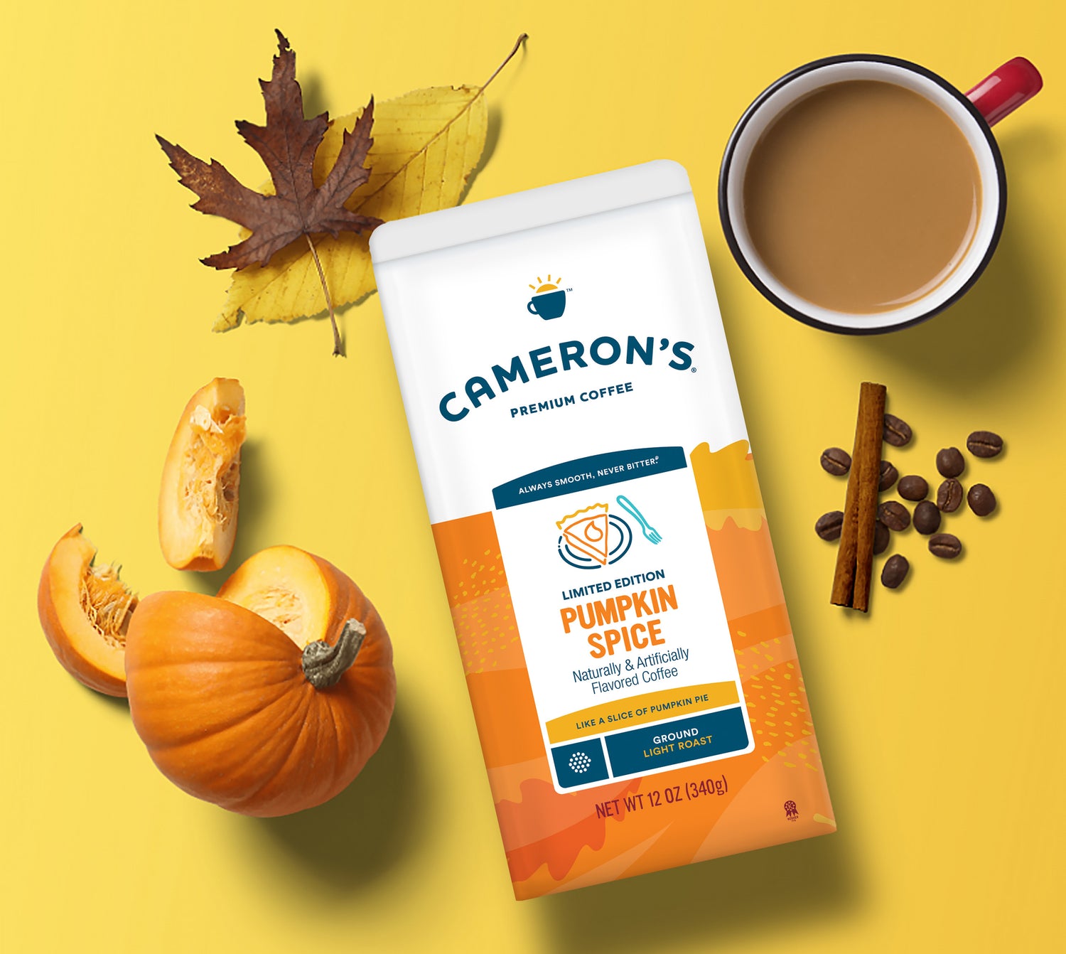 Cameron's Pumpkin Spice coffee package with a cup of coffee, pumpkin, and cinnamon on a yellow background
