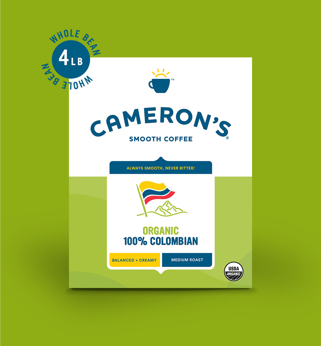 Cameron’s Organic 100% Colombian coffee beans, whole bean, 4lb bag, medium roast, balanced creamy flavor.