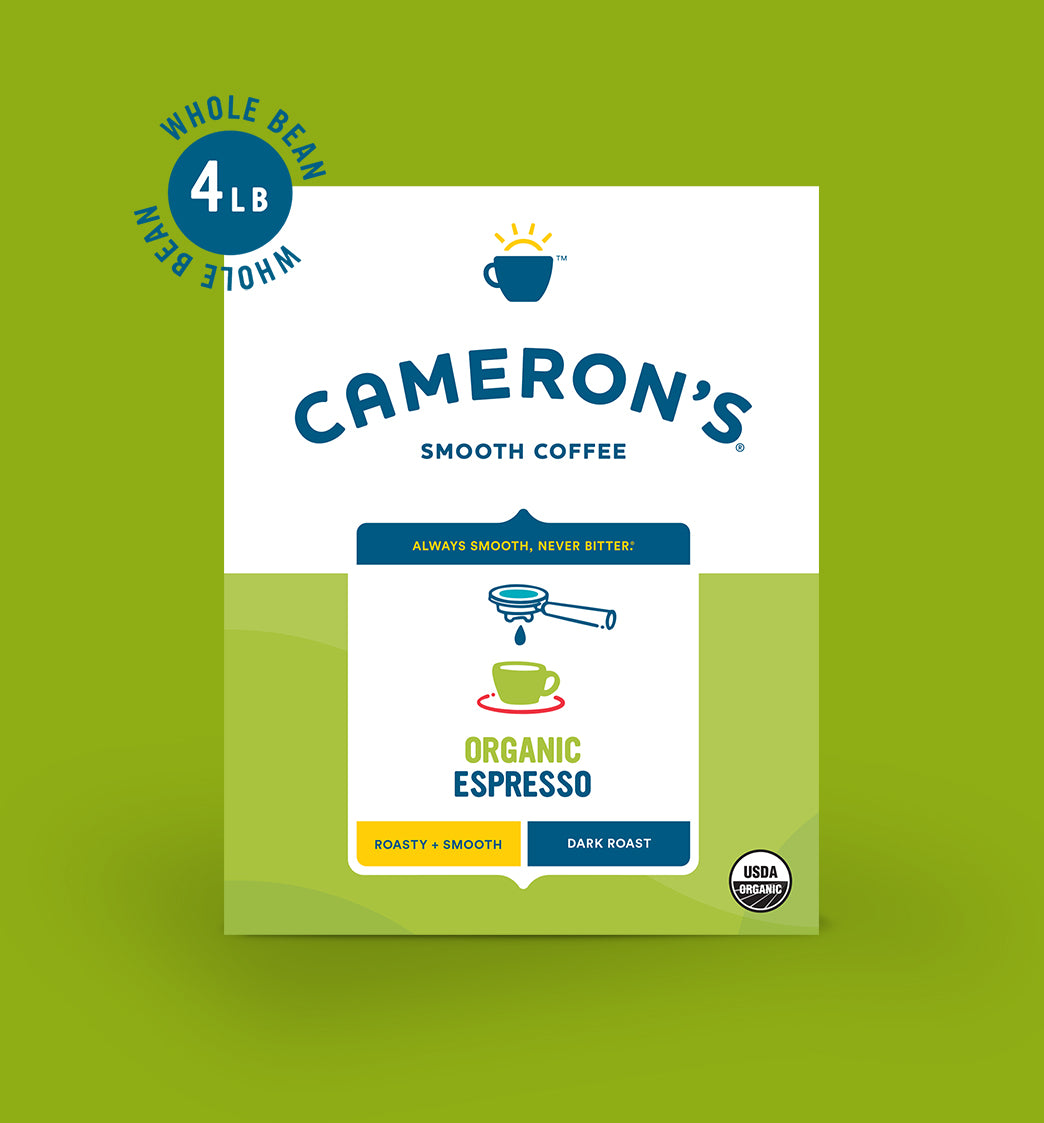 Cameron's Organic Espresso whole bean coffee bag with smooth, dark roast blend from Sumatra and Central America.