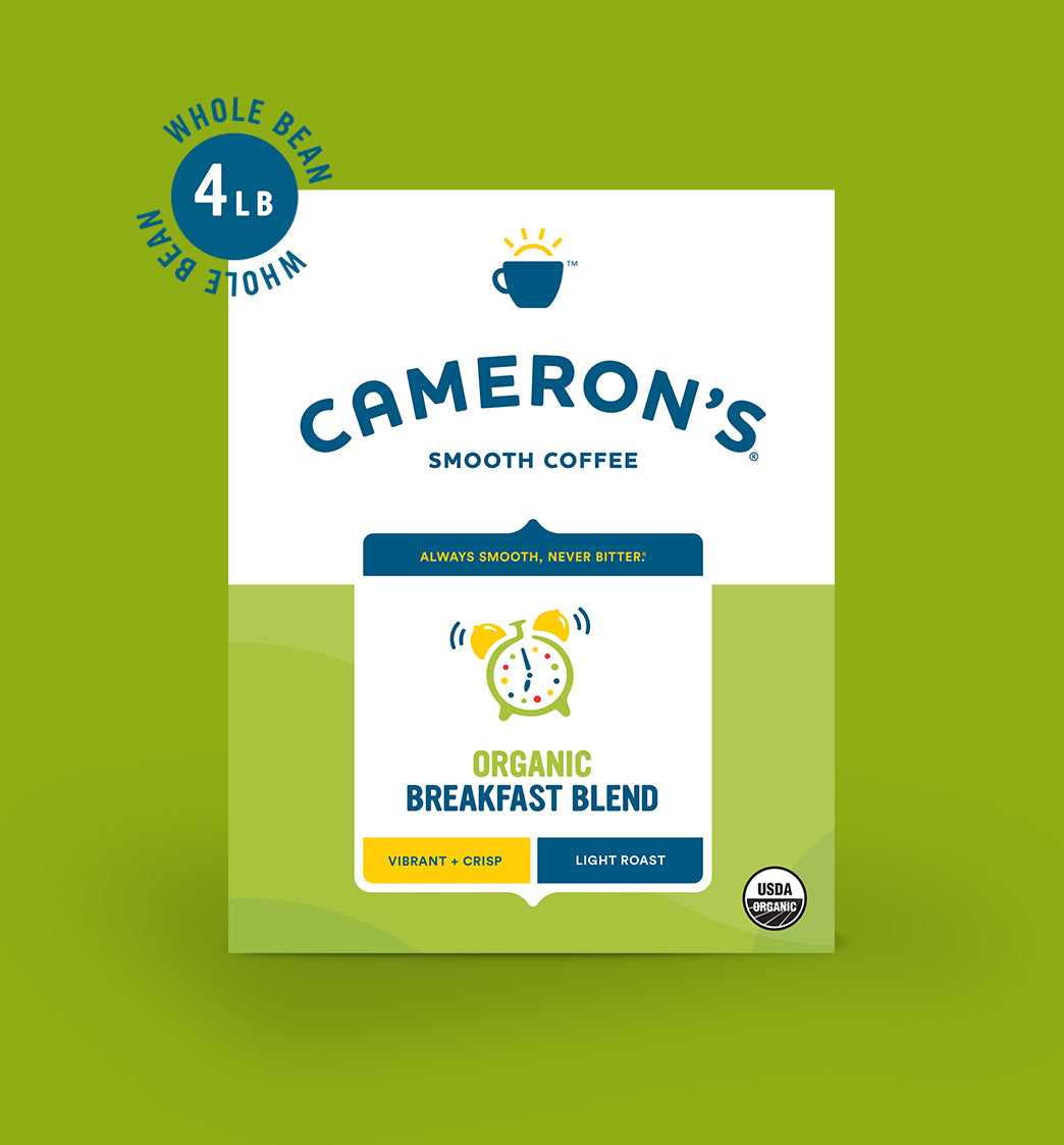 Cameron's Organic Breakfast Blend coffee, bright Latin American whole beans with crisp, vibrant flavor, light roast 4-pound bag.