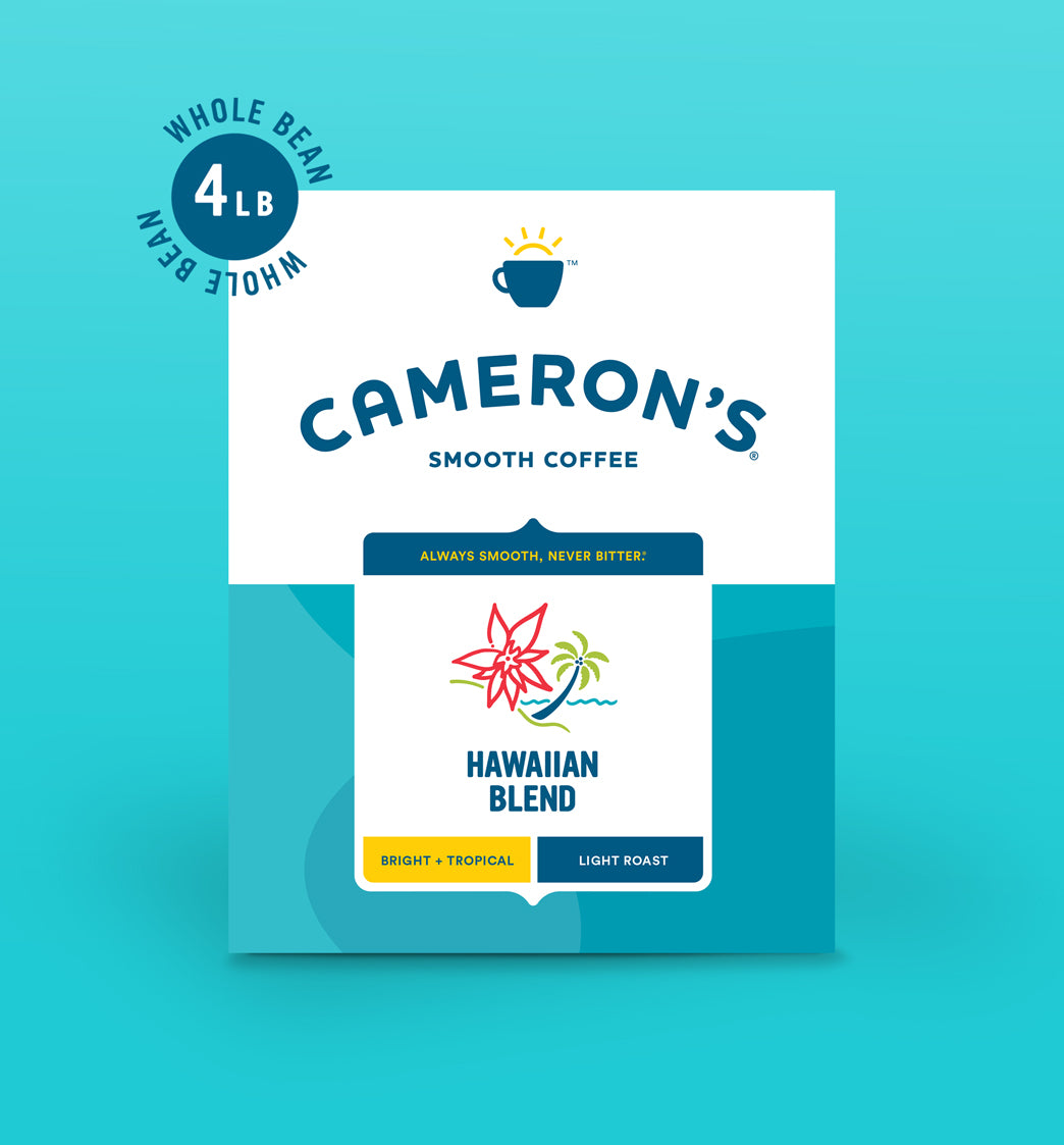 Cameron's Hawaiian Blend coffee with bright tropical, chocolate, and nutty flavors, whole bean light roast 4lb bag.