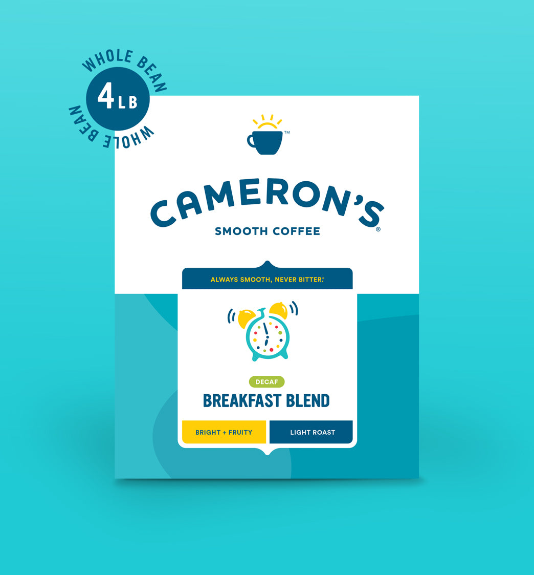 Cameron's Decaf Breakfast Blend whole bean coffee with bright citrus notes and a clean crisp finish 4 lb bag.