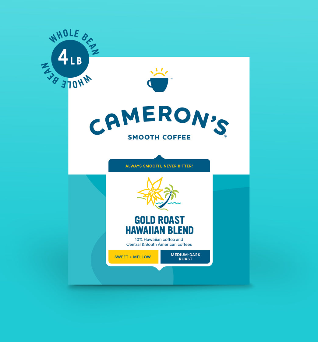 Cameron’s Gold Roast Hawaiian Blend coffee bag featuring smooth, sweet, medium-dark roast whole beans.