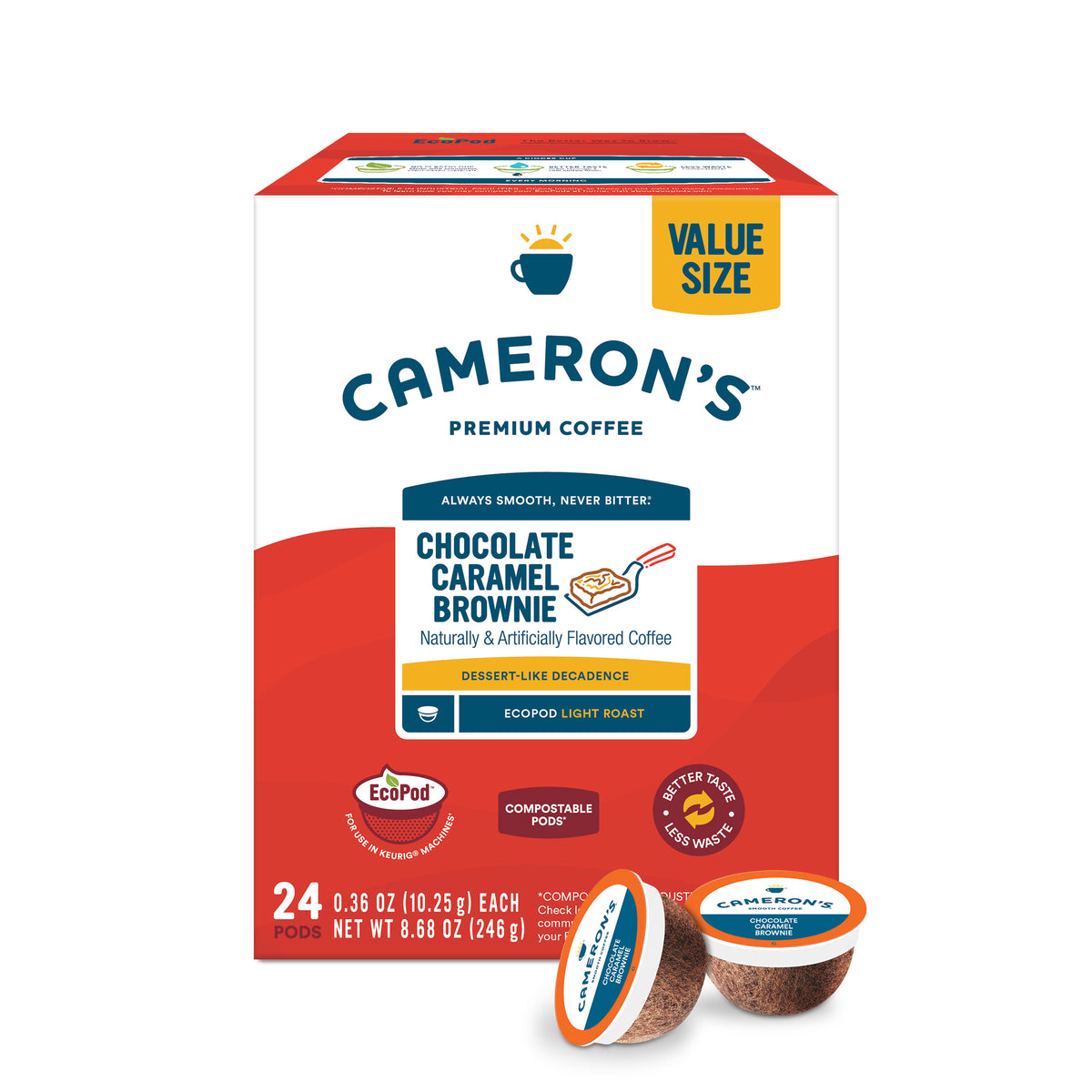Chocolate Caramel Brownie EcoPods box with two coffee pods, rich chocolate and creamy caramel flavor in every cup.