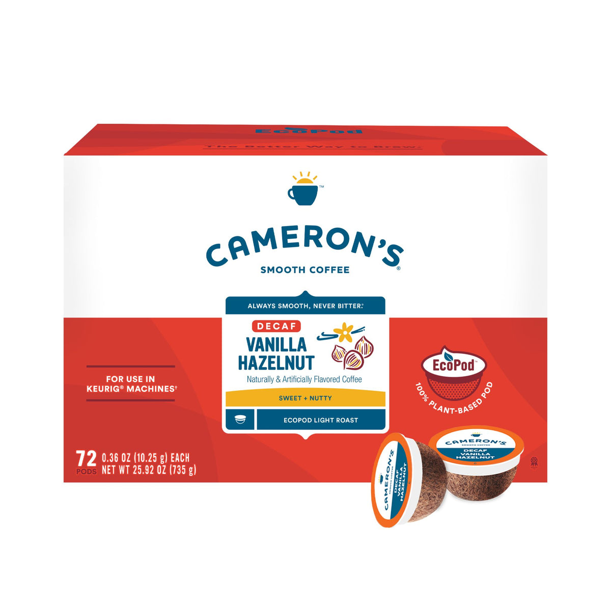 Decaf Vanilla Hazelnut EcoPods box with 72 pods featuring smooth coffee with vanilla and hazelnut flavors.