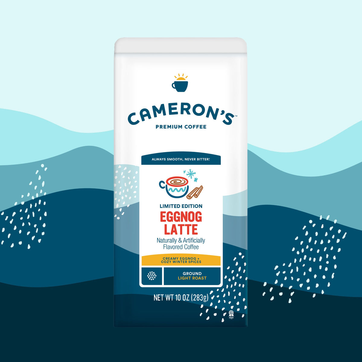 Cameron's Eggnog Latte coffee package on a blue and white background