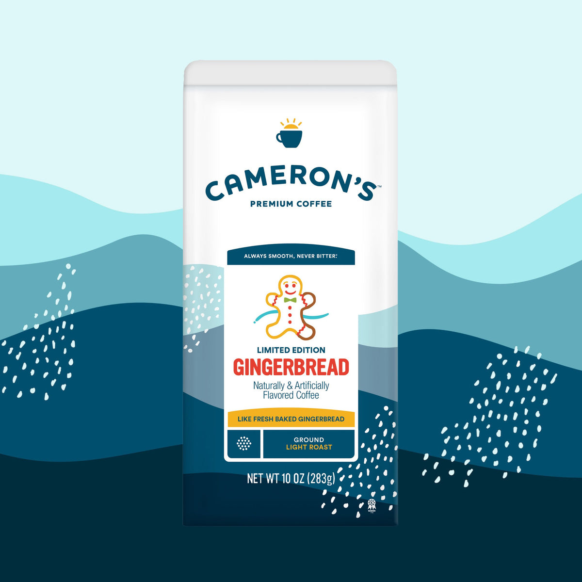 Cameron's Gingerbread coffee package on a blue and gray gradient background