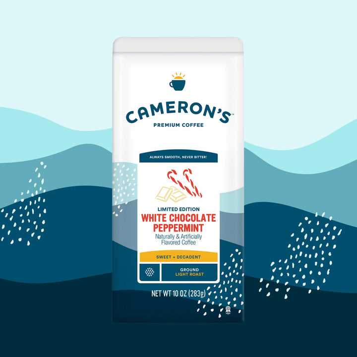 Cameron's White Chocolate Peppermint coffee package on a blue background