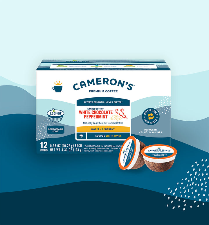 Cameron's coffee White Chocolate Peppermint coffee pods packaging on a blue background