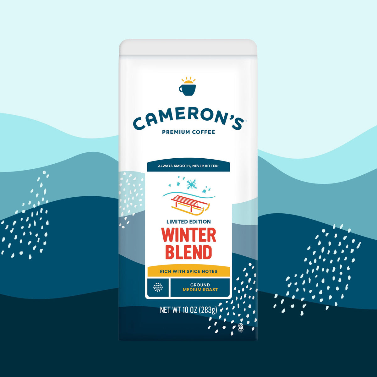 Cameron's Winter Blend coffee package on a blue wave background