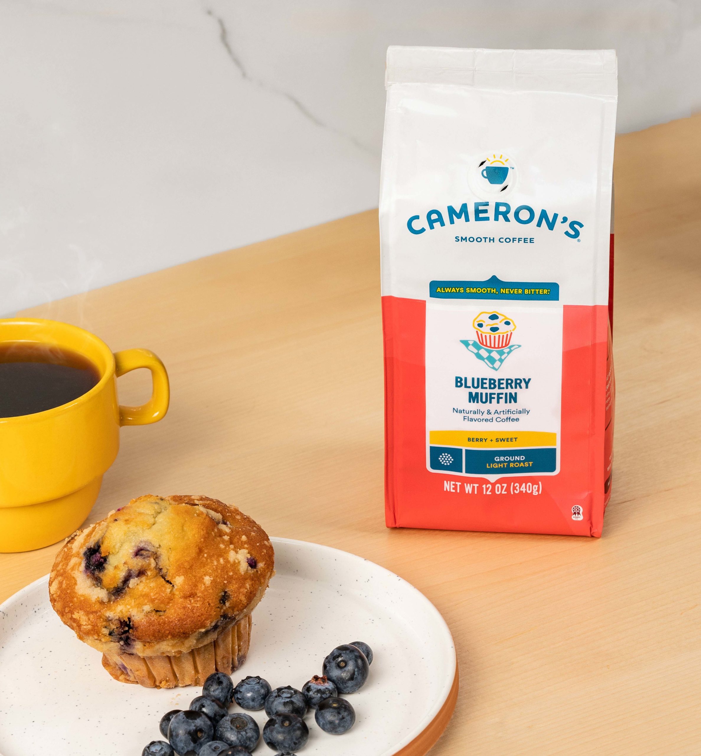 camerons-coffee-blueberrymuffin2 Cameron's Coffee Blueberry Muffin Coffee on counter with Breakfast Spread