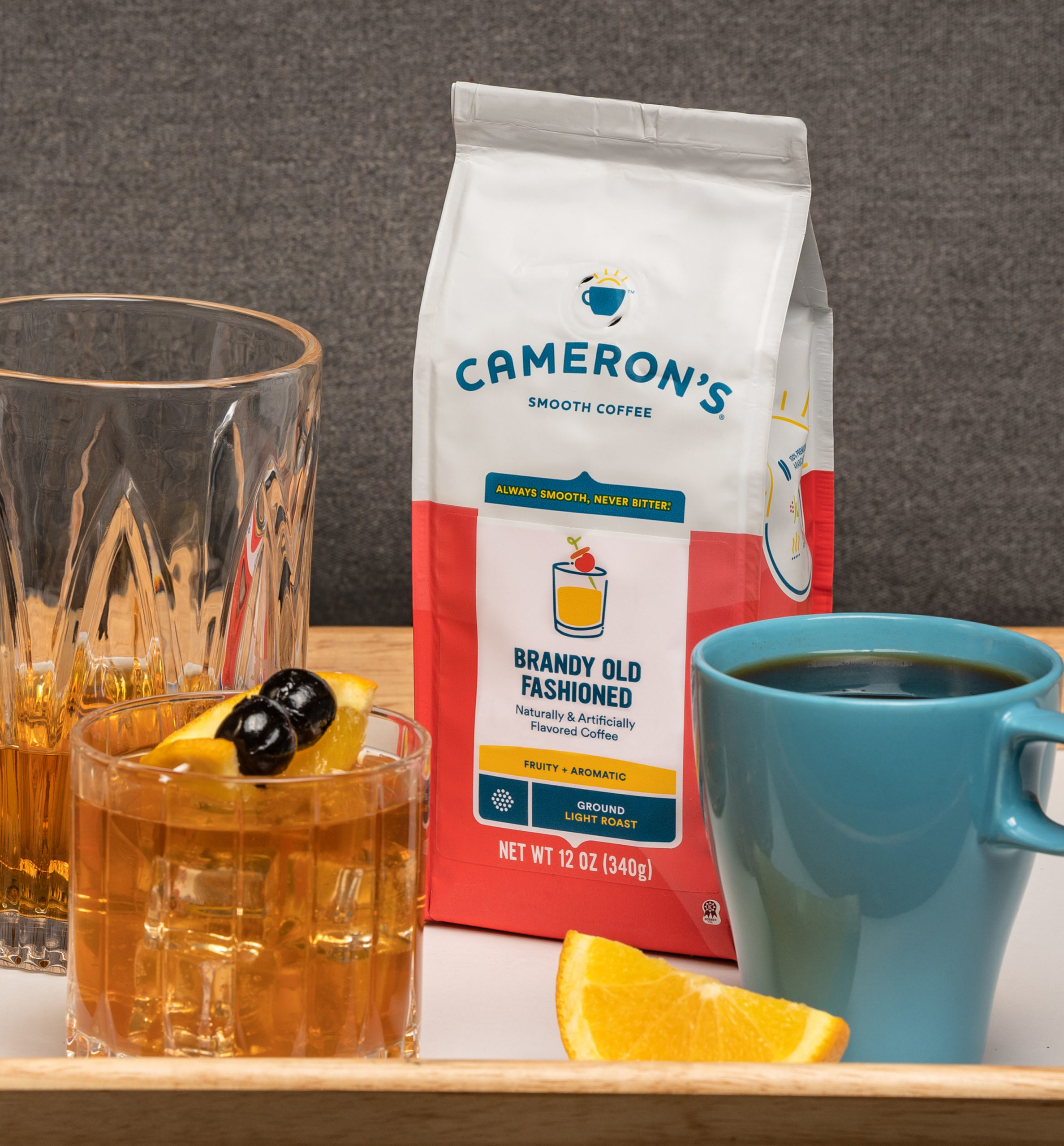 camerons-coffee-brandyoldfashioned Cameron's Coffee Brandy Old Fashioned Coffee on tray with mug