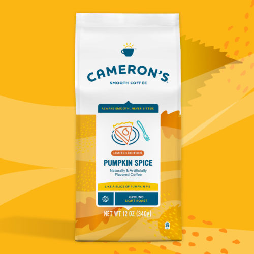 Cameron's coffee pumkin spice blend on a orange background with leaves